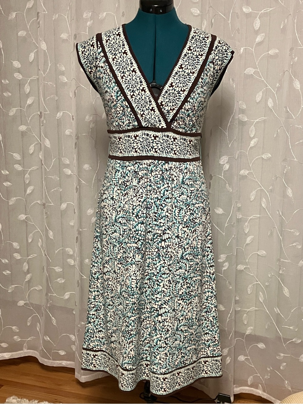 BCBGMaxAzria Light Blue, Green, Brown and White Midi Dress, Size M